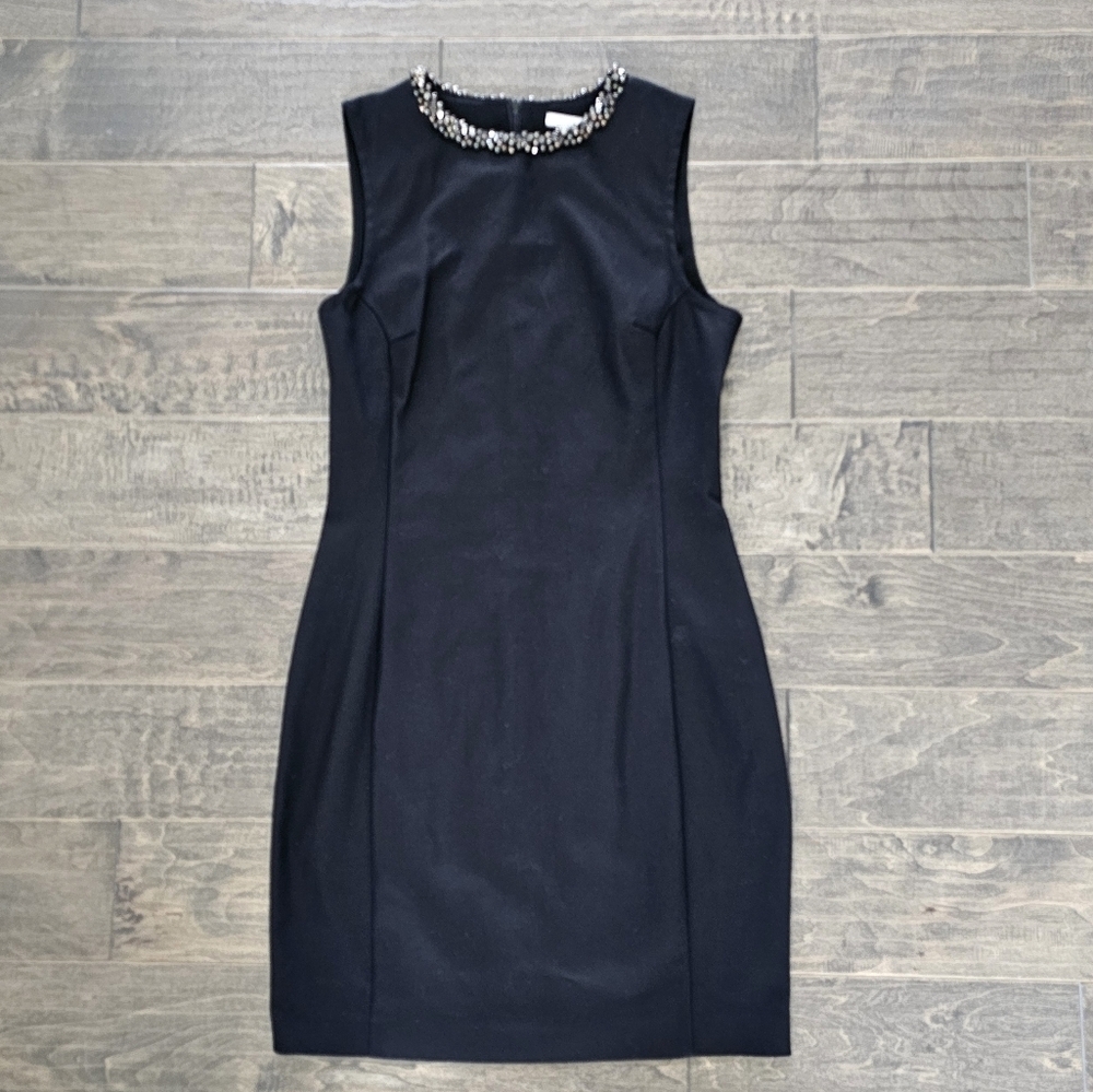 Brand New H&M Elegant Black Sleeveless Dress with Embellished Neckline Sz 8